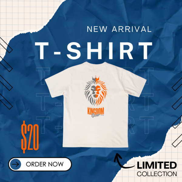 A white t-shirt with an orange and black lion on it.